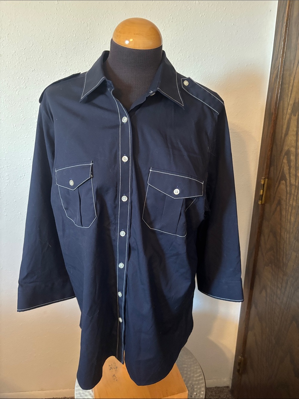 Lands’ End Navy Button-down Blouse with Contrast Stitching size 18W